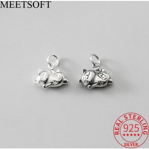 MEETSOFT Romantic 925 Sterling Silver Retro Cute Cat Hollow Charms of DIY Handmade Jewelry Necklace Deocration Accessories Gift