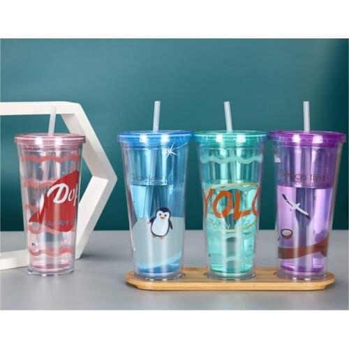 Reusable Drinking Cup Straw Cup With Lid Double-layer Plastic Tumbler Transparent Tea Fruit Coffee Mugs DIY Travel Cup For Home