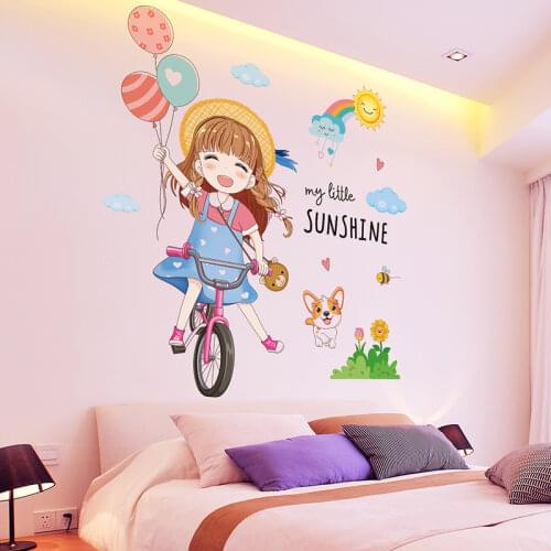 Cartoon Girl Wall Stickers Vinyl DIY Bike Balloons Wall Decals for Kids Rooms Baby Bedroom Children Nursery Home Decoration