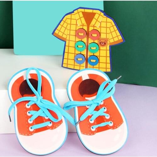 Wooden Button Shoelace Threading Toy Sewing Game Building Blocks Kids Handwork Parent-child Interactive Educational Games Toys