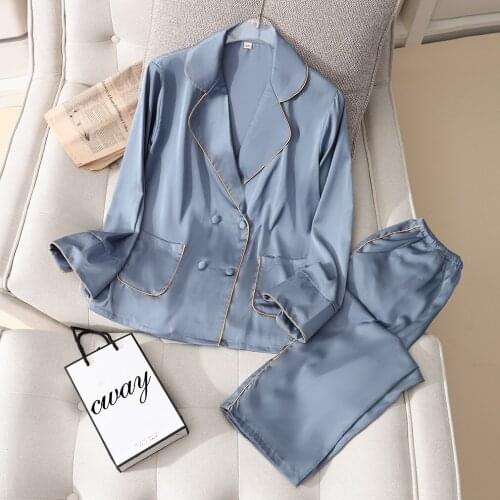 Woman Pajamas Spring and Summer Ice Silk Pure Color Lapel Thin Long-Sleeved Trousers Set Faux Silk Casual Breathable Homewear