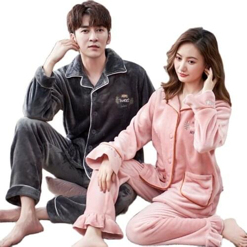 Couple Pajamas Set Thick Flannel Sleepwear Women Loungewear Pyjamas Two Piece Set Winter Women Nightwear Home Clothes