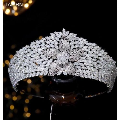 Luxury 5A Cubic Zirconia Flower Shapes Wedding Bridal Tiaras Full Zircon Pageant Queen Tall Crowns CZ Party Prom Hair Jewelry