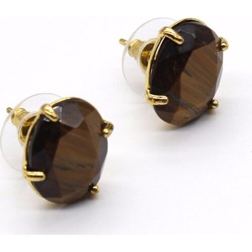 100-Unique 1 Pair Light Yellow Gold Color Oval Shape Tiger Eye Stone Stud Earrings Elegant Womens Earring