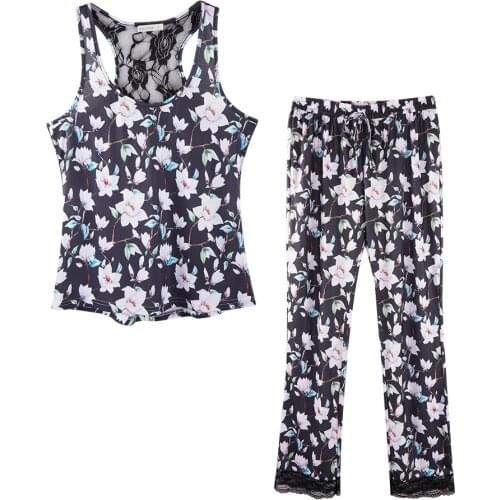 Sleeveless Loose Lace Tank Tops Full Length Drawstring Loose Floral Print Spring Womens Pajamas Sets two Pieces Pajamas