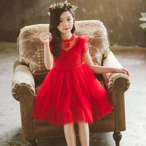 Girls Princess Party Dress Summmer New Mesh Embroidery Kids Costume Lace Children Wear Clothes Ball Gown 3 Color 4-9Y