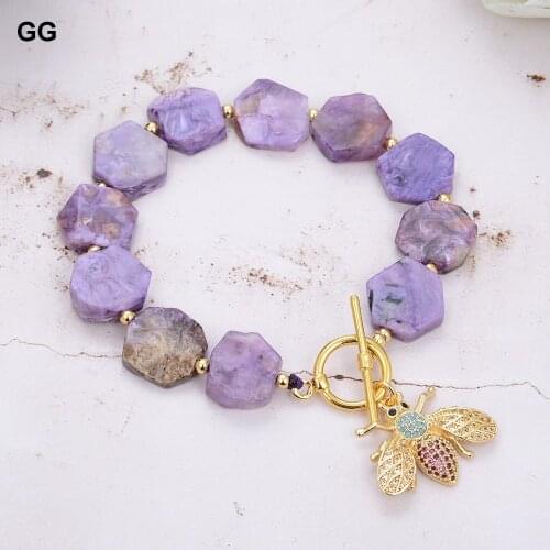 GuaiGuai Jewelry Natural Hexangular Purple Charoite Bracelet Cubic Zirconia Pave Insect Charm 8"