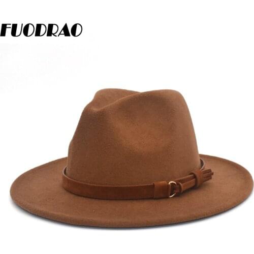 FUODRAO New Fedoras Hat Women Wool Felt Wide Brim Jazz Hat Vintage Panama Brown Cowboy Hat Man Black Dropshipping F82