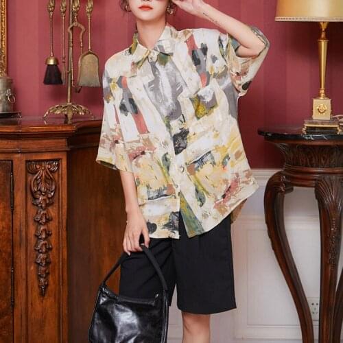 Fashion Harajuku casual loose print oversized ladies shirts Womens blouses 2021 summer short sleeve pocket tops Blusas Mujer