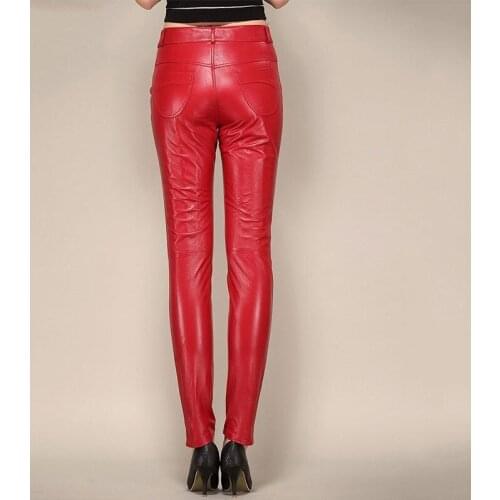 Office Lady Real Slim Pencil Pants Women Quality Lambskin Genuine Leather Full Length Plus Size Skinny Trousers Female