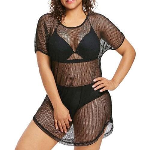 Fashion Women Plus size O-Neck Bikini Cover Up Swimwear Bathing Mesh Beach Dress