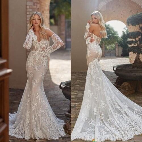 2021 Sexy Mermaid Wedding Dresses Sweetheart Lace Appliques Country Wedding Gowns Detachable Long Sleeve Vestidos De Novia