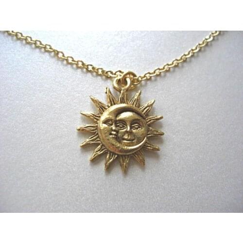 Gold Sun and Moon Pewter Charm Celestial Dainty Necklace, gold plated charm - Love & Friendship, Soulmate, Gift for her