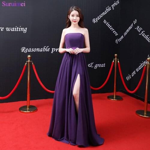 2018 New Arrival Purple Prom Gown Strapless Off The Shoulder Floor Length Chiffon Side Slit High Silt Long Prom Gown