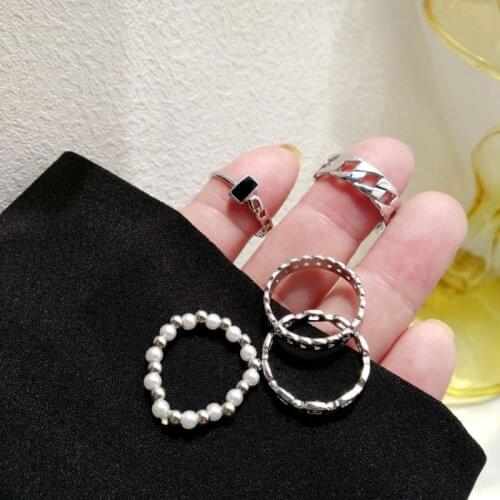 5Pcs/Set Simple Fashion Gold Sliver color Ring Set For Women Trend Personality Pearl Metal Multilayer Ring Jewelry Girl Gift