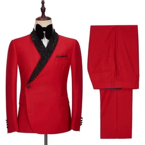 Red Shiny Shawl Lapel One Button Men Suits Wedding Groom Tuxedos Terno Masculino Slim Fit Prom Blazer 2 Pcs Jacket+Pants