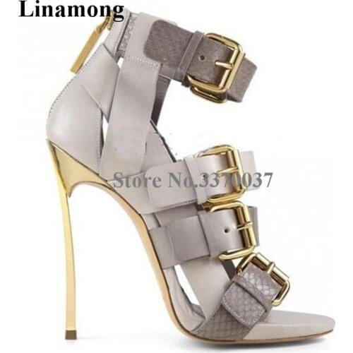 Summer New Design Women Fashion Open Toe Straps Strange Heel Sandals Buckle Metal Stiletto Heel Sandals High Heel Sandals