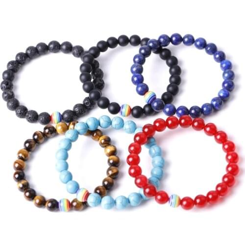 Rainbow Striped Bead 8mm Tiger Eye Howlite lava red blue Stone Balance Girl Bracelet for Women Men Hip Hop Wristband Jewelry