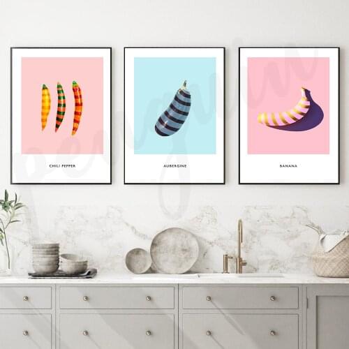 Colorful Vegetable Aubergine and Pepper Canvas Painting Pink Style Banana Wall Art Prints Poster Kitchen Home Decoration