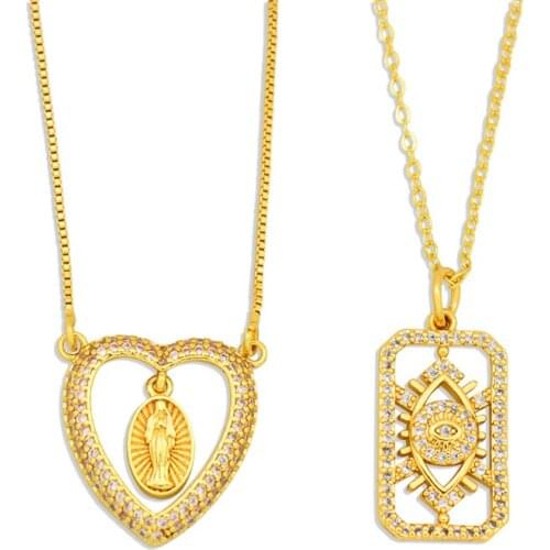 CZ Heart Virgin Mary Necklaces for Women Crystal Lucky Evil Eye Necklace Pendant Gold Christian Jewelry virgen de guadalupe