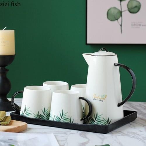 Green Plants Ceramics Water Cup Tea Suit Five Piece Set Wooden Cup Holder Plastic Square Tray Tea Cup Set Marbling Cup Kettle