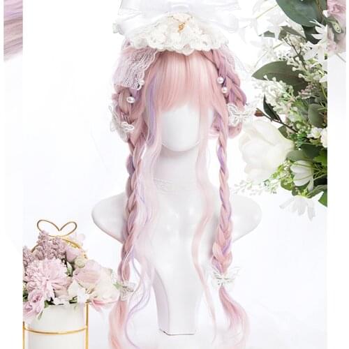 CosplayMix 55CM Lolita Fluffy Long curly Hair Pink Purple Ombre Bangs Cute Synthetic Heat Resistant Cosplay Party Wig+Cap
