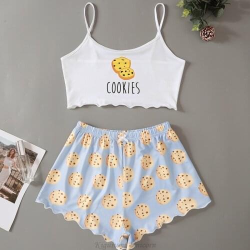Summer Pajamas Set Cute Cookies Print For Women Short Sleeve Shorts Sexy Sleepwear Cotton Girls Cartoon Casual PJ Set Loungewear