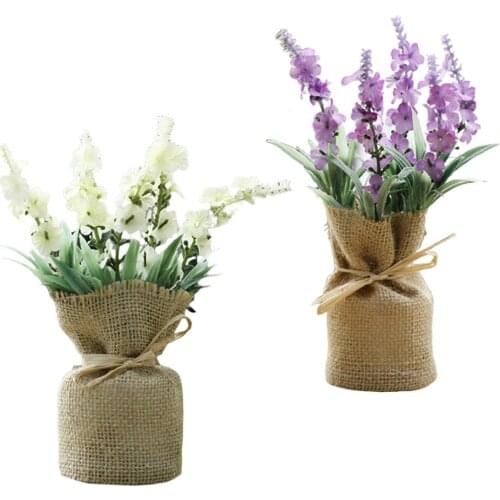 Linen Cloth Potted Artificial Flowers Bouquet Home Decor Lavender 2Pcs