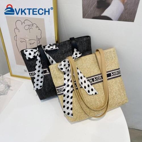 Fashion Women Summer Woven PU Leather Letters Printing Silk Scarf Shoulder Bag Ladies Beach Vacation Large Capacity Handbags
