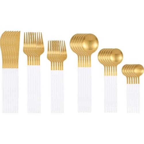 36pcs Matte White Gold Cutlery Set Stainless Steel Tableware Dessert Fork Tea Spoon Knife Silverware Kitchen Dinnerware Flatware