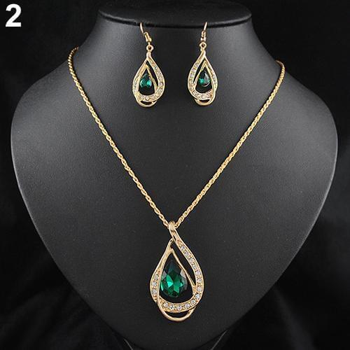 Banquet Party Jewelry Set Waterdrop Crystal Stone Earrings Pendant Necklace Golden Chain parure bijoux femme gifts for women