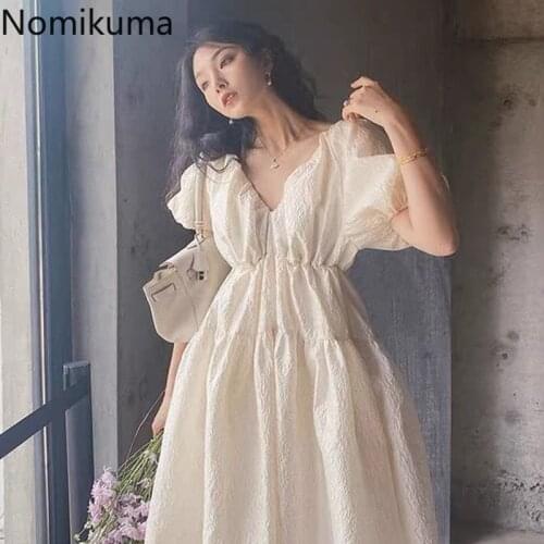 Nomikuma 2021 Spring Sweet Women Dress 3D Jacquard V-neck Puff Sleeve Dresses Korean High Waist A-line Vestidos De Mujer 6G132