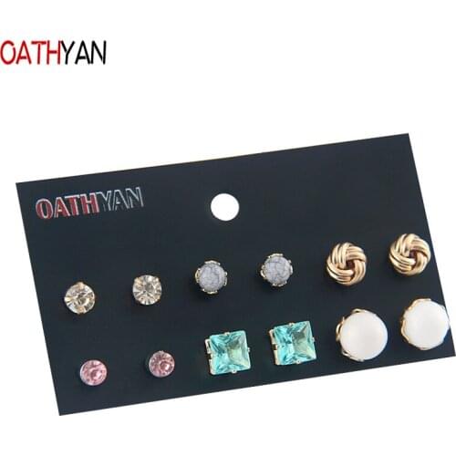 OATHYAN 6 Pairs/Set Cute Crystal Glass Rhinestone Stud Earrings Sets Girl Kids Jewelry Gift Acrylic Beads Earring Mix For Women