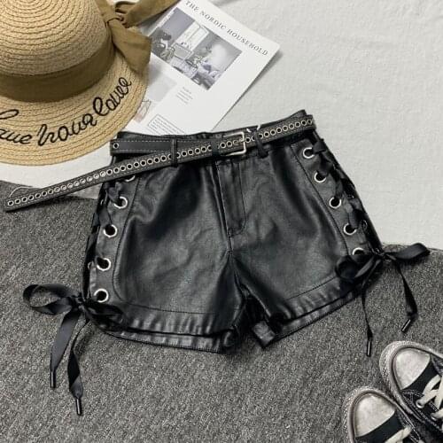 Autumn winter lace up faux leather shorts women high waist wide leg fashion pu shorts