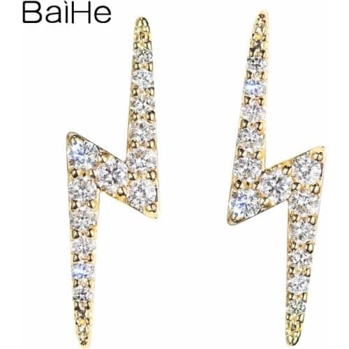 BAIHE Solid 14K Yellow Gold 0.50ct H/SI Round Natural Diamonds сережки Trendy Fine Jewelry Lightning Stud Earrings For Women