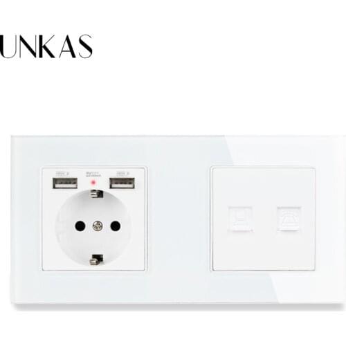 UNKAS Crystal Glass Panel EU Standard Electric Socket with 2 USB + RJ45 CAT5E Internet Jack Wall Data Socket Computer Outlet