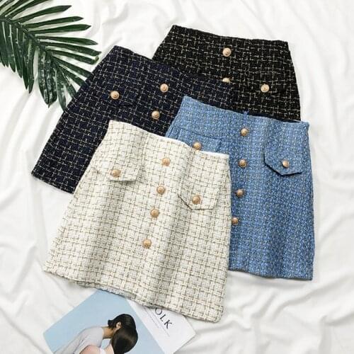 Bright Silk A line Short Skirt Women Autumn Winter High Waist Plaid Button Skirts Casual Slim Female Skirt Bottoms Faldas 2020