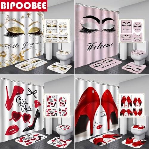 Fashion Sexy Eyelashes Printed Shower Curtain Bathroom Curtains Set Red High Heels Non Slip Rug Toilet Lid Cover Bath Mat Carpet