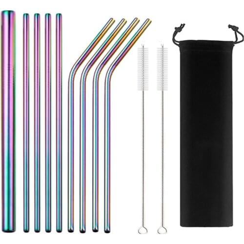 Reusable Metal Drinking Straws 304 Stainless Steel Straw Sturdy Bent Straight Boba Straw with Cleaning Brush Bar Party Accessory