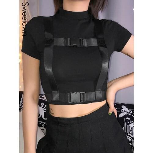 Sweetown Black Gothic Sexy Women Basic Tshirt Short Sleeve Techwear O-Neck Tee Shirt Femme Summer Crop Tops With Buckle Ribbon