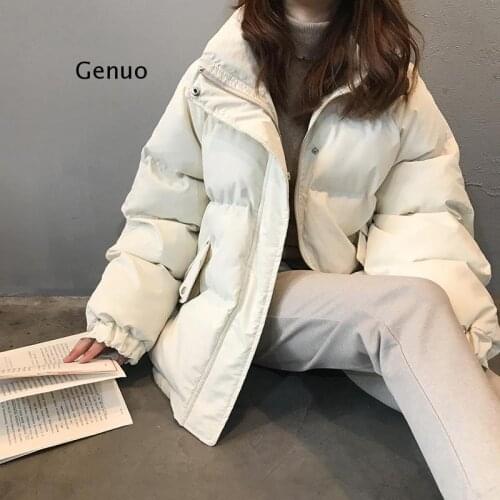 Womens Winter New Korean Jacket Black Simple Stand-Up Collar Oversize Woman Ins Cotton Coats Girl Warm Bread Parka Jacket 2021