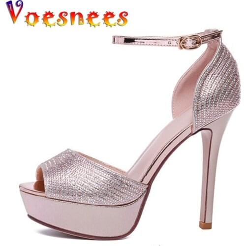 Voesnees Womens Sandals Gold Glitter Ankle Ring Fish Mouth OpenToe Elegant Sexy Generous Fine Heel 12CM Model Catwalk Shoes