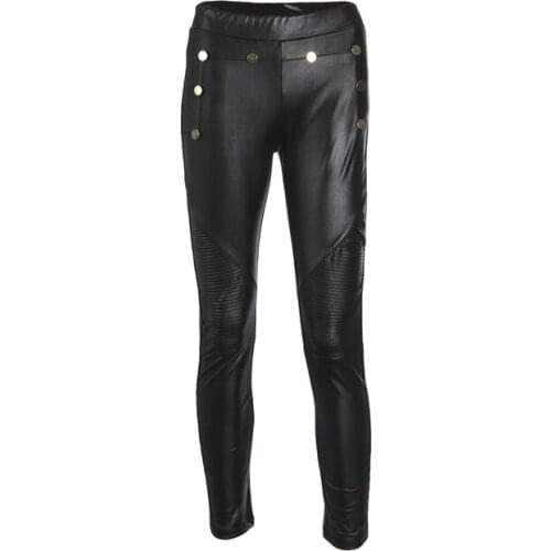 Newly Fashion Women Ladies PU Leather Pants Stretchy Push Up Pencil Skinny Black Button Pants Size S/M/L/XL