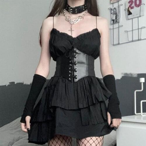 Gothic Dark Lace Corset Up Crop Top Women Corset Belt Slim Cummerbunds PU Leather Top Harness Bustier Tops To Wear Out 2021