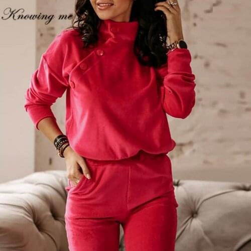 Women Sweatshirts Sets 2021 Autumn side Buttons pullover and Long pants 2pcs set Elegant Turtleneck top Sweat pantsTracksuit set