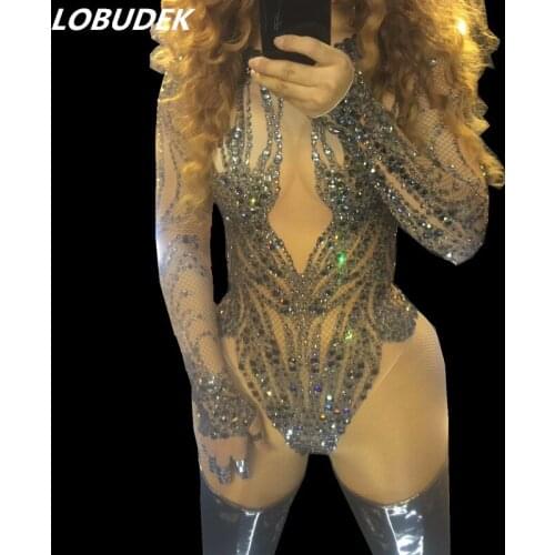 Occident style Female costume Sexy Bodysuit Bright Crystal one-piece bodysuit singer dancer party stage wear nightclub star show