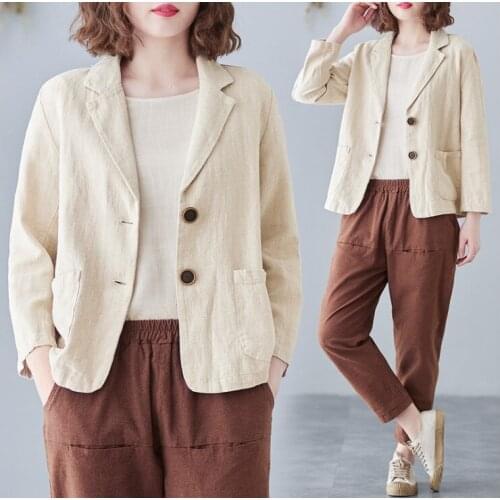 Women Cotton Linen Casual Blazer Jackets New 2021 Spring Simple Style Vintage Solid Color Loose Female Outerwear Coats