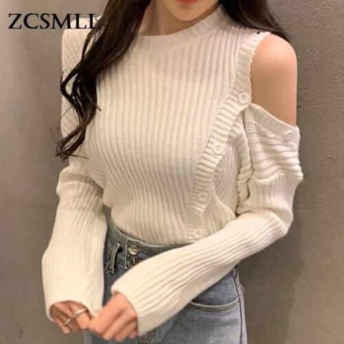 ZCSMLL Korean Spring Autumn Temperament Side Button Off-shoulder Design Slim Slimming Long-sleeved Knitted Sweater Women