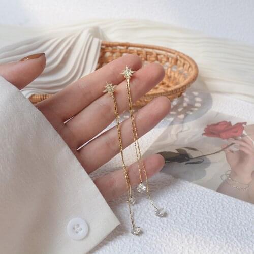 14k Real Gold Fashion Jewelry Crystal Star Long Tassel Exquisite Earrings for Woman Holiday Party Daily Elegant Earring