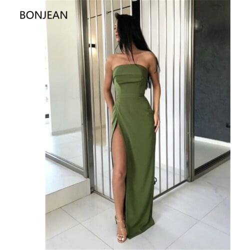 Satin Mermaid Dress Fashion Strapless Green Sheath Slit Long Prom Dresses Formal Fancy Evening Dress Gowns